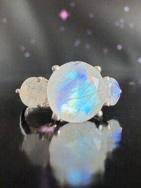 Faceted Rainbow Moonstone Ring, size 6, Prong set Sterling silver
